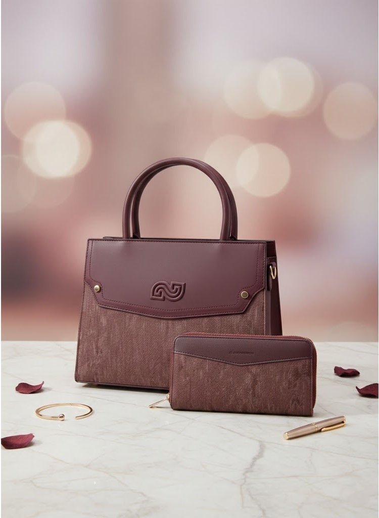 FUMES Wine-Red Women’s Satchel Handbag with Matching Small Wallet – Structured Design, Solid Textured Finish, Elegant Office & Daily Carry Bag - Image 4